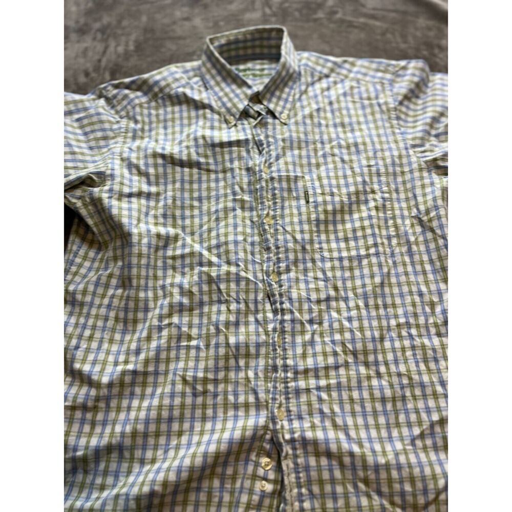 Barbour Shirt Mens Medium Blue Country Tattersall Check Button Up Short Sleeve